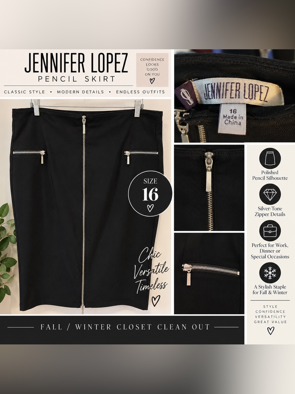 Jennifer Lopez Black Pencil Skirt with Front Zip Accents